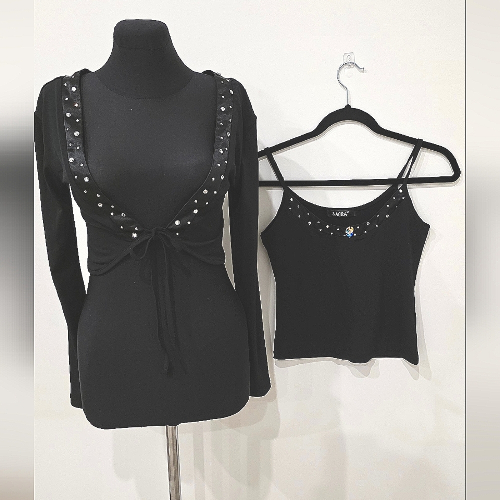 Sabra Black Embellished Long Sleeve Crop Top & Tank Top Coord Set, M